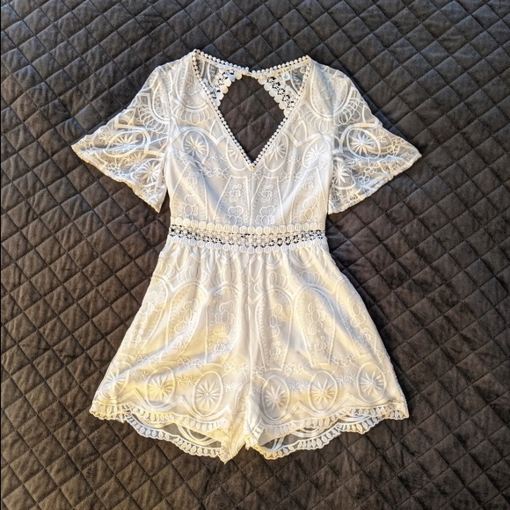 White lace open back romper